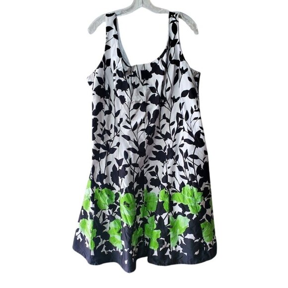 Willow Glenn NY Sleeveless A-Line Dress Black White Green Floral Print Mod - Picture 2 of 5